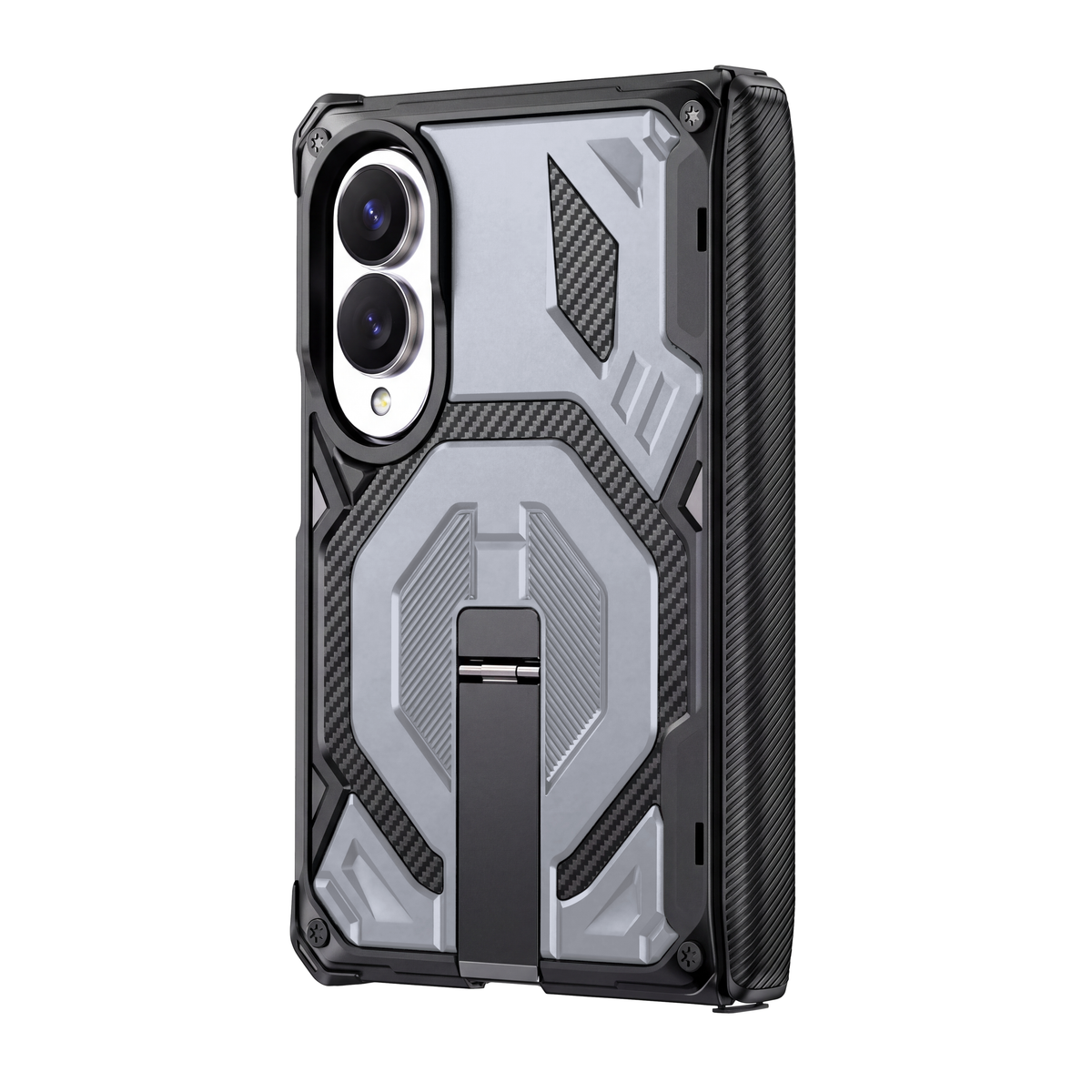 Sentinel H2 Galaxy Z Fold 8 rugged case in Silver with carbon-fibre armour panels and flip-out kickstand - rear view