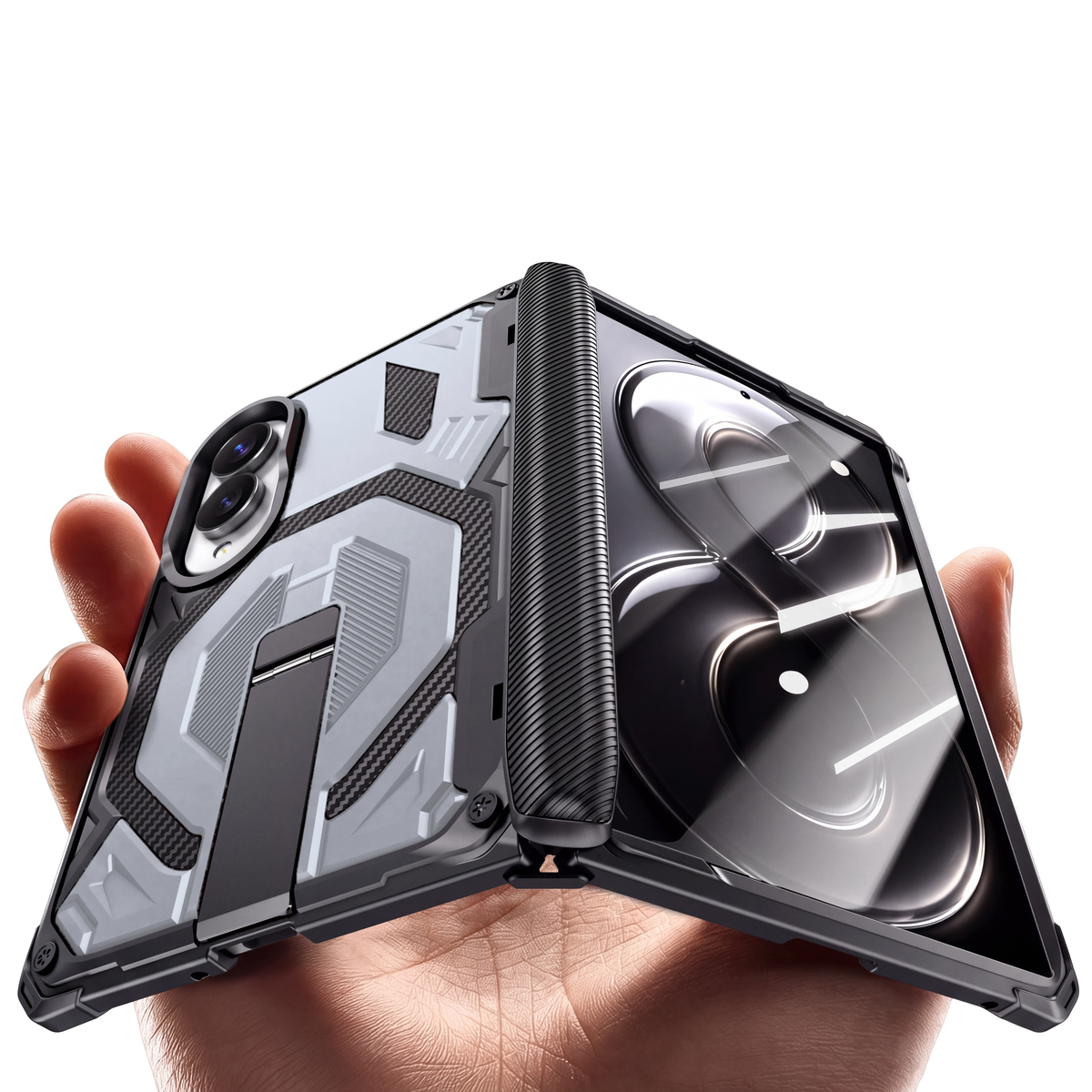 Sentinel H2 Galaxy Z Fold 8 rugged case in Silver with carbon-fibre armour panels and flip-out kickstand - held in hand