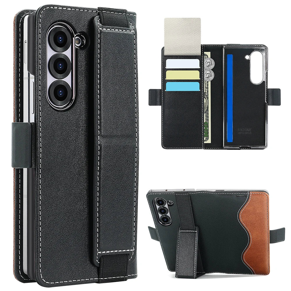 Black phone case with card slots and stand feature on a white background