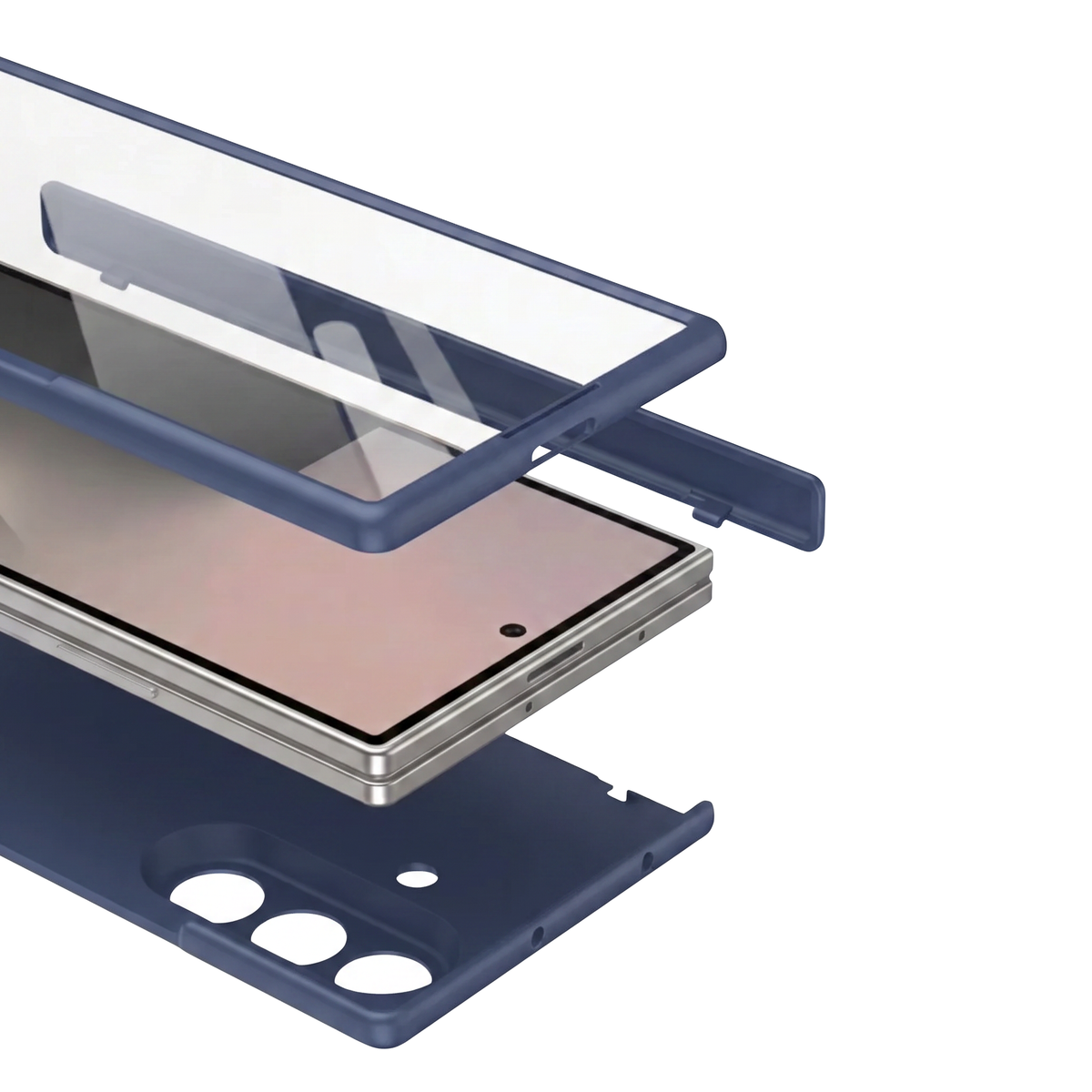 Spineguard P1 in Deep Blue shown as exploded assembly with screen protector, Galaxy Z Fold phone and rear case shell