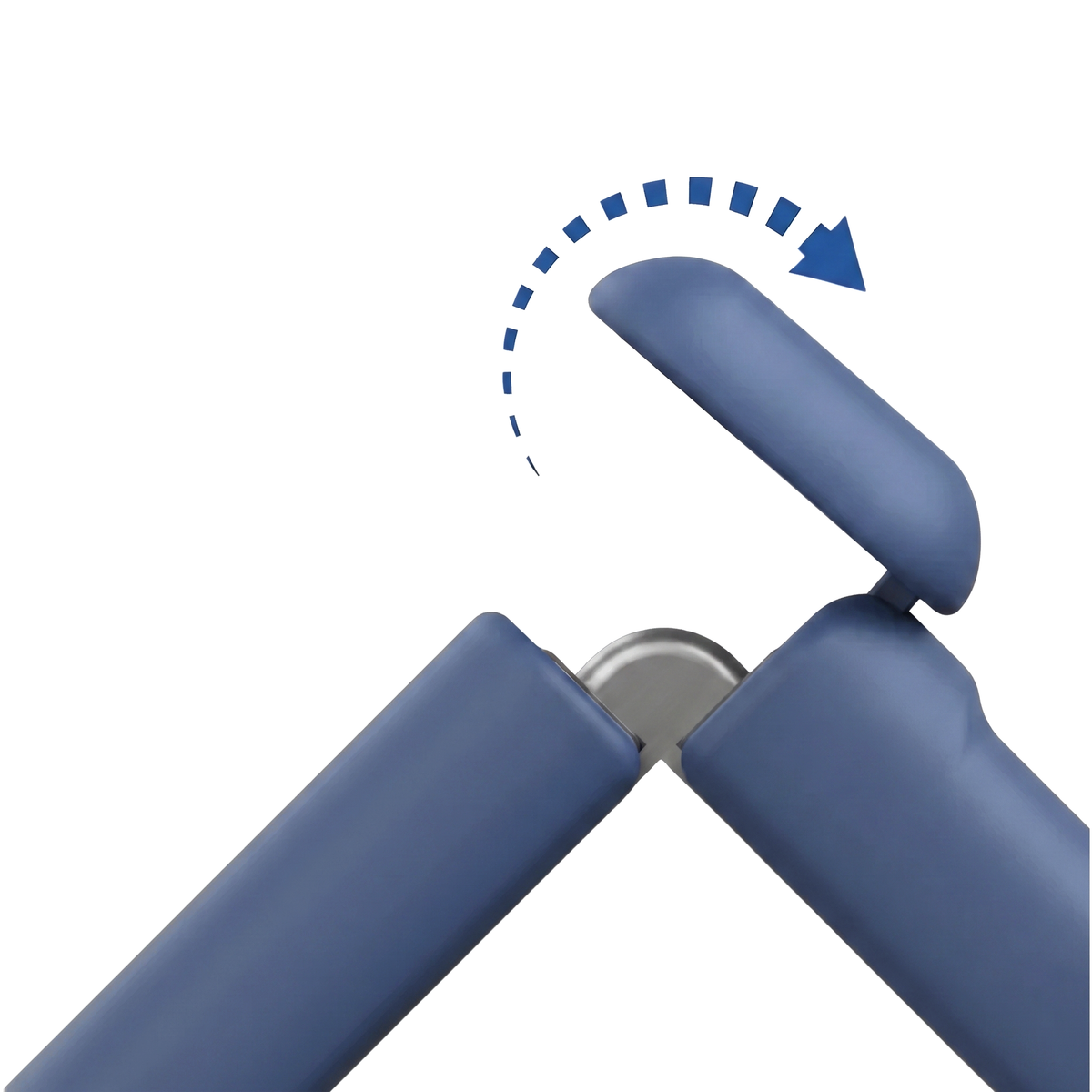 Spineguard P1 in Deep Blue - close-up of the reinforced hinge joint showing the flip-open rotation of the case arm