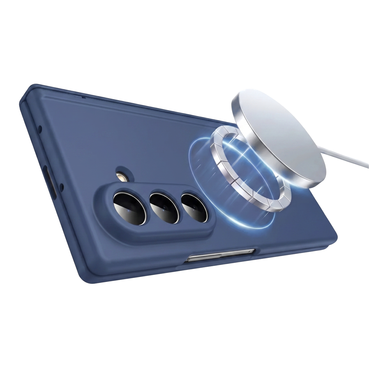 Spineguard P1 in Deep Blue with a MagSafe charger snapping onto the built-in magnet ring on a Samsung Galaxy Z Fold