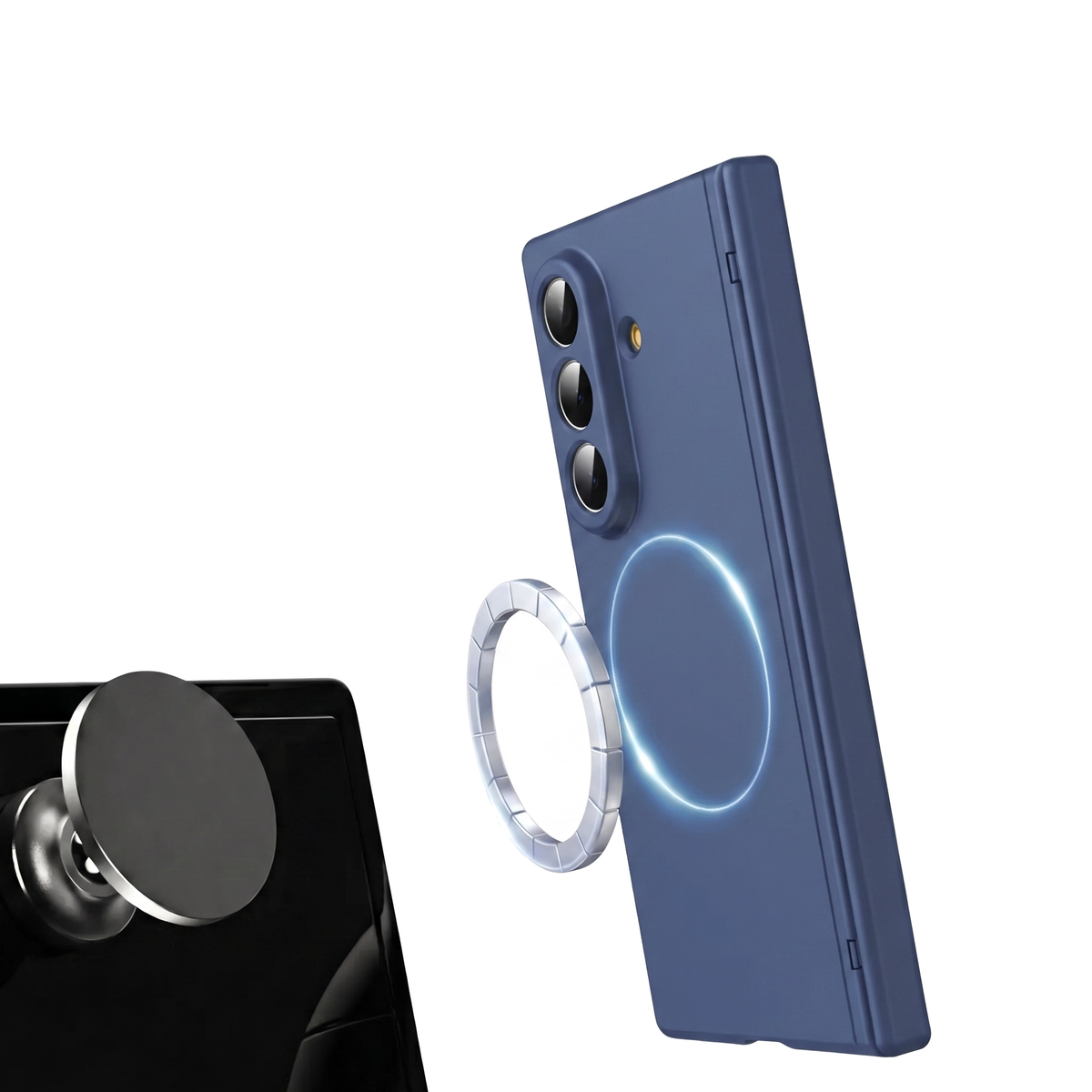 Spineguard P1 in Deep Blue mounting magnetically to a car vent holder with the MagSafe ring on a Samsung Galaxy Z Fold