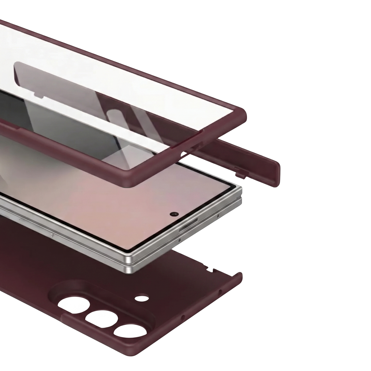 Spineguard P1 in Royal Burgundy shown as exploded assembly with screen protector, Galaxy Z Fold phone and rear case shell