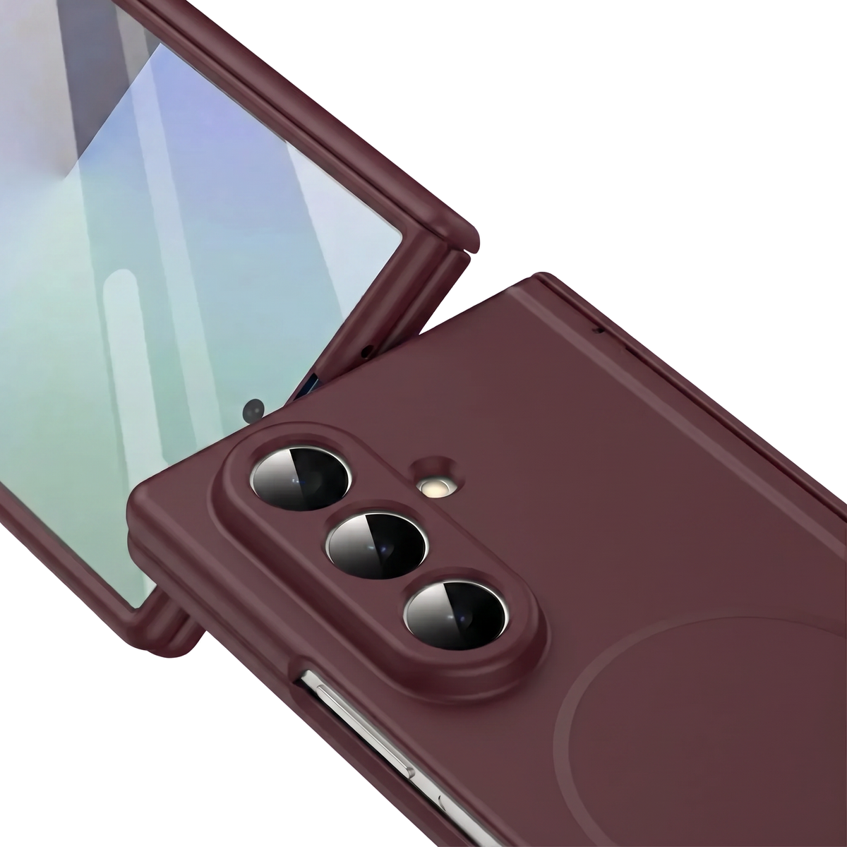 Spineguard P1 in Royal Burgundy close-up showing CNC metal camera lens rings and MagSafe ring on Samsung Galaxy Z Fold