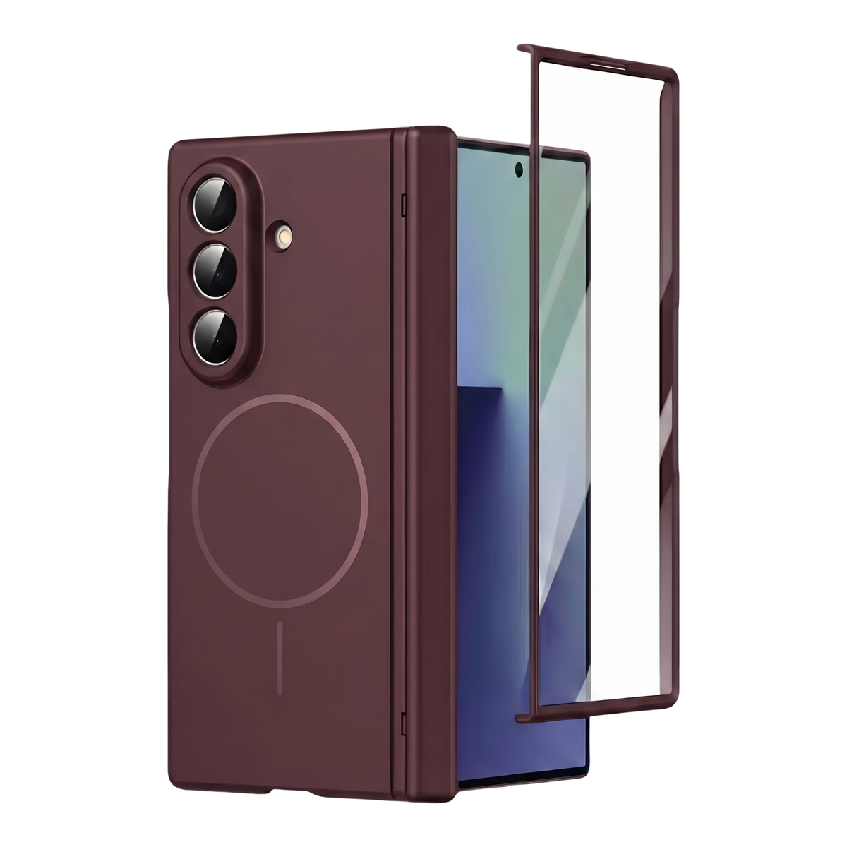 Spineguard P1 in Royal Burgundy on a closed Samsung Galaxy Z Fold with the cover-screen tempered glass protector alongside