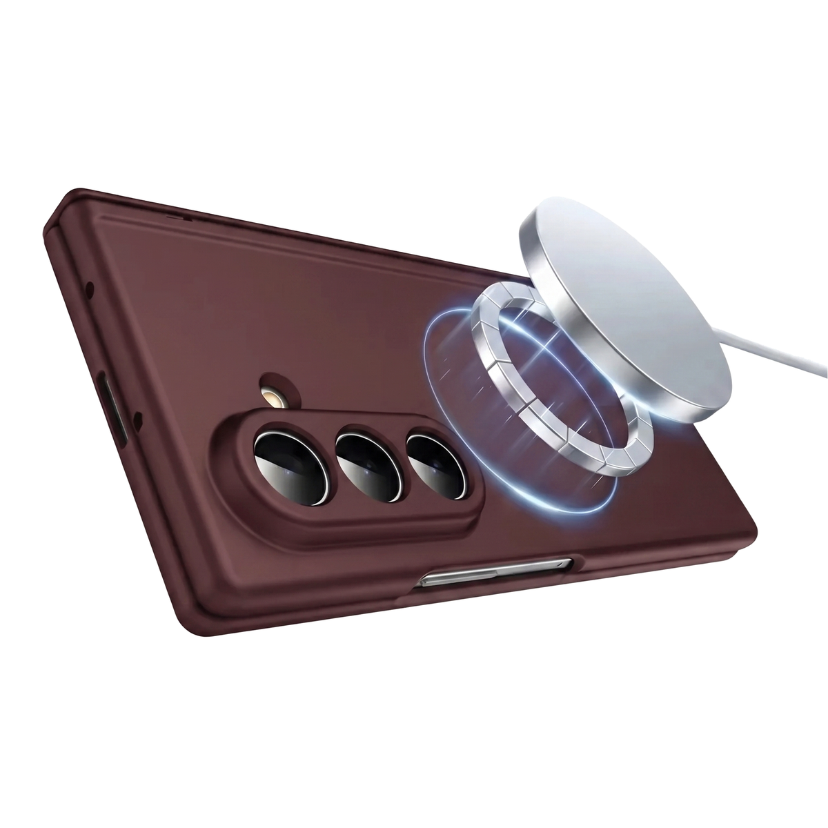 Spineguard P1 in Royal Burgundy with a MagSafe charger snapping onto the built-in magnet ring on a Samsung Galaxy Z Fold