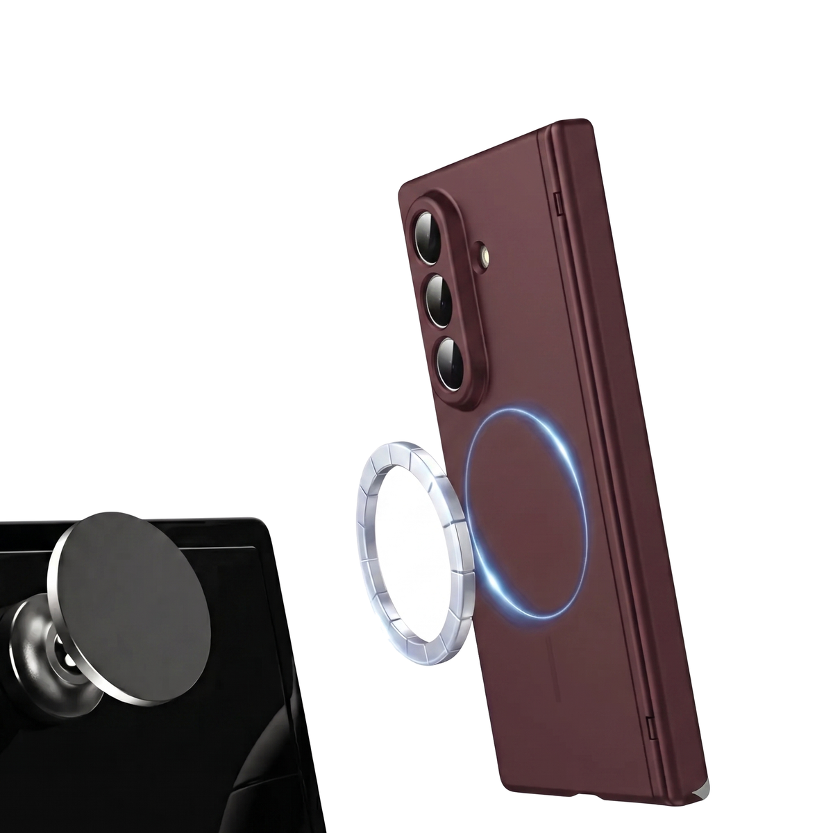 Spineguard P1 in Royal Burgundy mounting magnetically to a car vent holder with the MagSafe ring on a Samsung Galaxy Z Fold