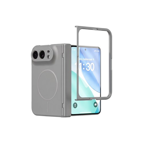 Spineguard P1 iPhone Duo case in Gray - folded case beside the open case showing the cover screen