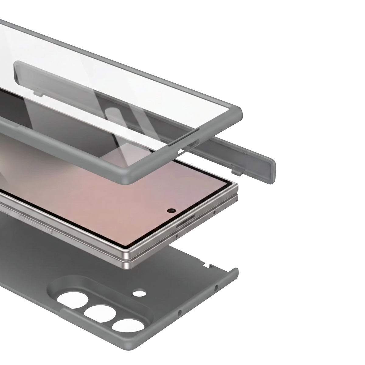 Spineguard P1 in Modern Gray shown as exploded assembly with screen protector, Galaxy Z Fold phone and rear case shell
