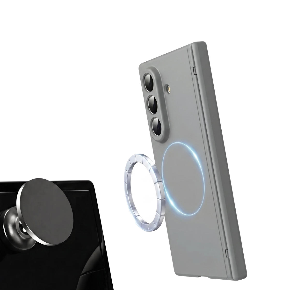 Spineguard P1 in Modern Gray mounting magnetically to a car vent holder with the MagSafe ring on a Samsung Galaxy Z Fold