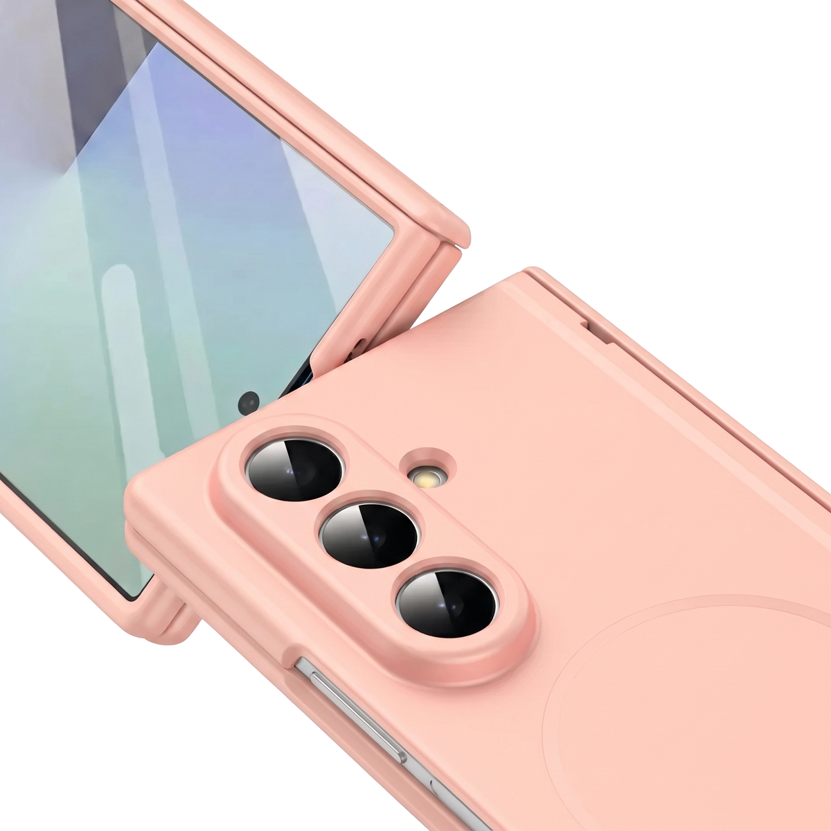 Spineguard P1 in Soft Pink close-up showing CNC metal camera lens rings and MagSafe ring on Samsung Galaxy Z Fold
