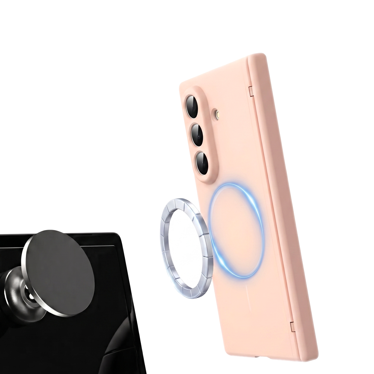 Spineguard P1 in Soft Pink mounting magnetically to a car vent holder with the MagSafe ring on a Samsung Galaxy Z Fold