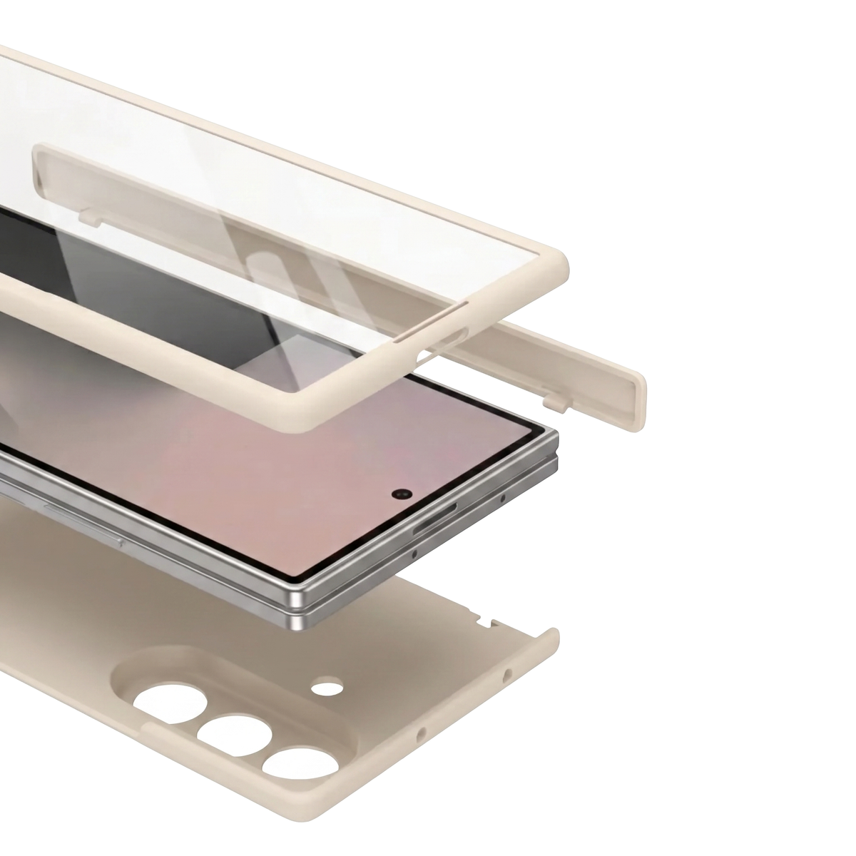 Spineguard P1 in Pure White shown as exploded assembly with screen protector, Galaxy Z Fold phone and rear case shell