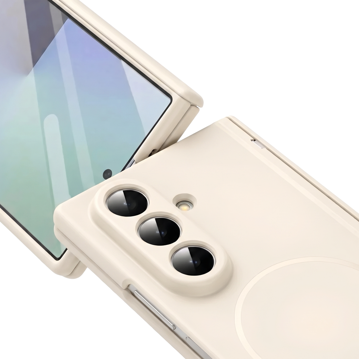 Spineguard P1 in Pure White close-up showing CNC metal camera lens rings and MagSafe ring on Samsung Galaxy Z Fold