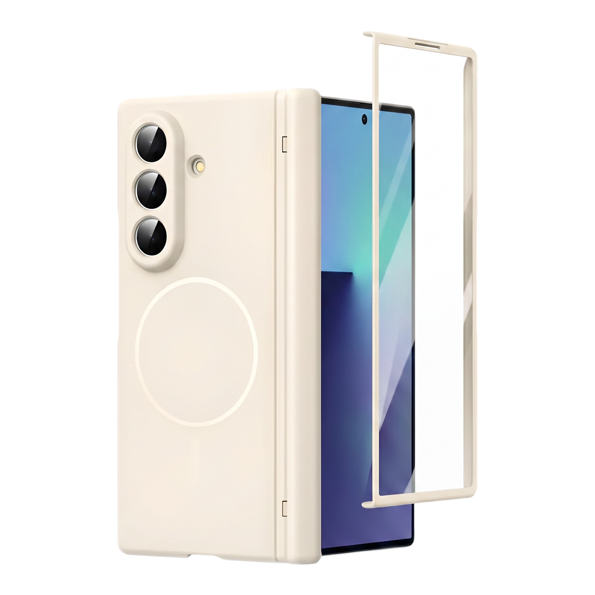 Spineguard P1 in Pure White on a closed Samsung Galaxy Z Fold with the cover-screen tempered glass protector alongside