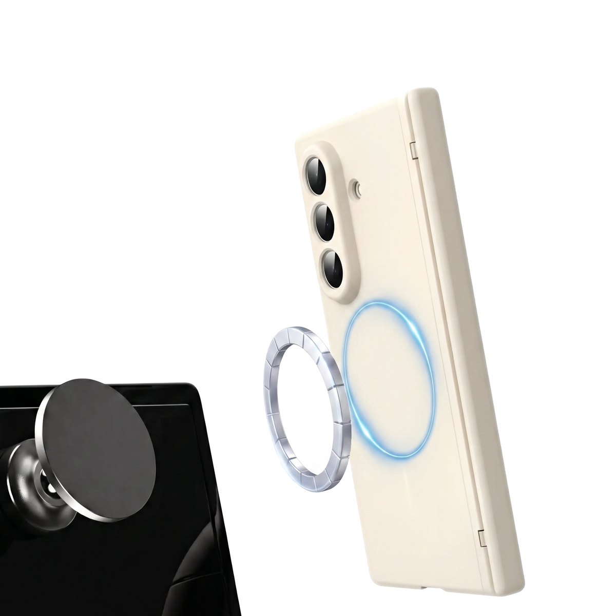 Spineguard P1 in Pure White mounting magnetically to a car vent holder with the MagSafe ring on a Samsung Galaxy Z Fold