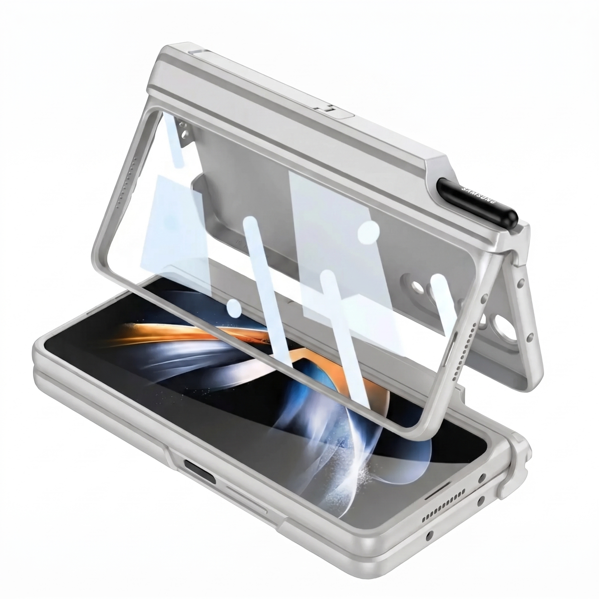 Sync M1 Galaxy Z Fold case in Silver propped hands-free in stand mode with the kickstand out
