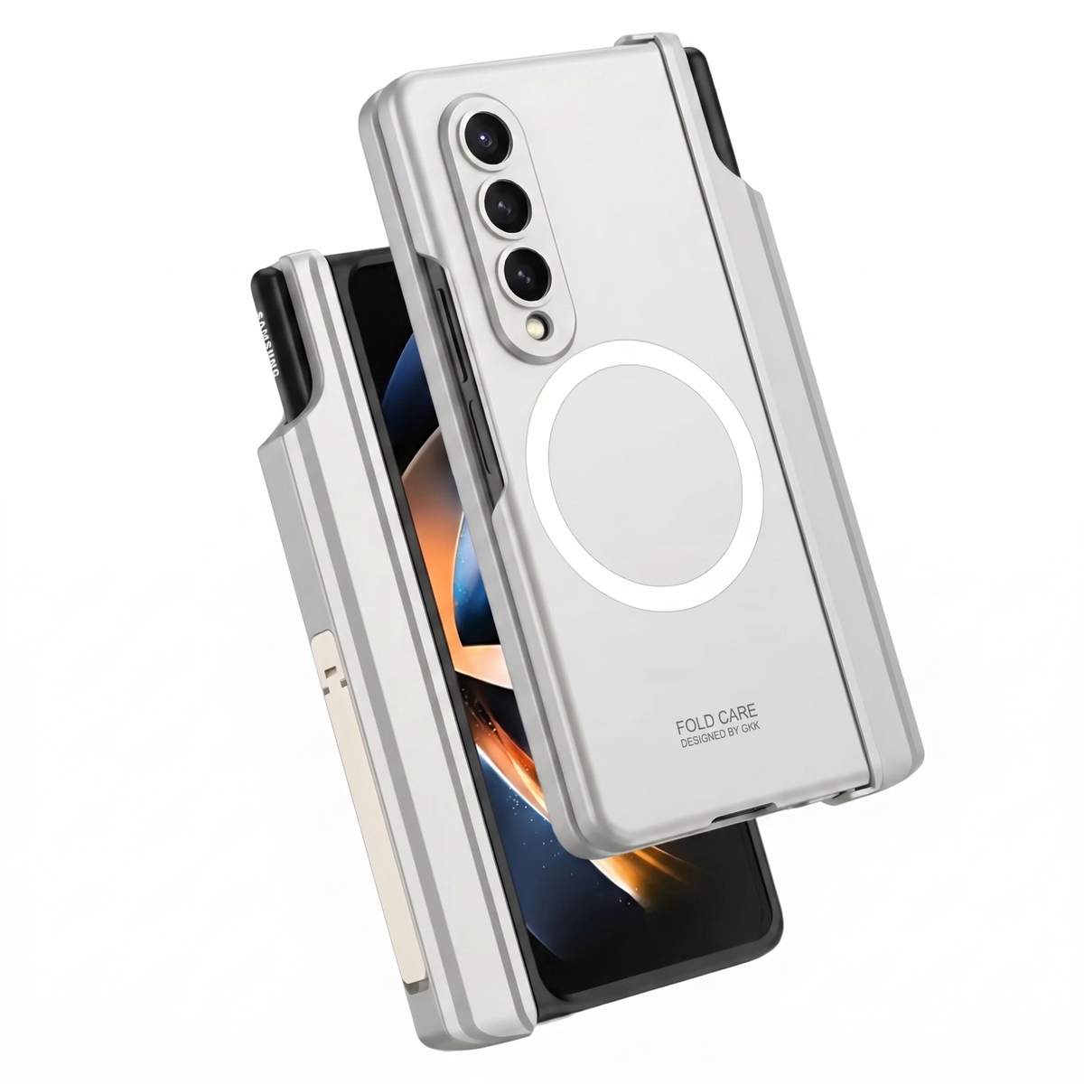 Sync M1 Galaxy Z Fold case in Silver, front and rear views with MagSafe ring