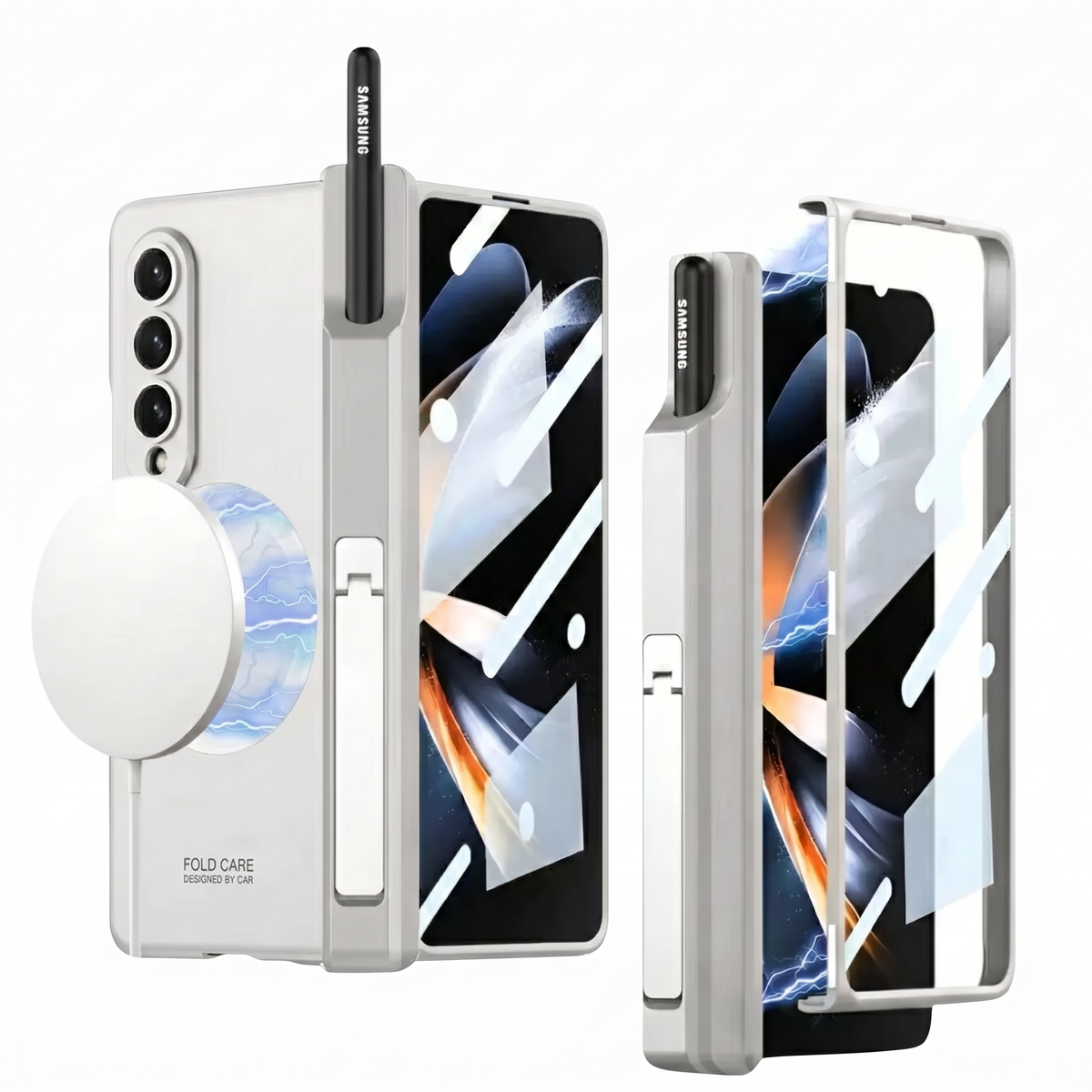 Sync M1 Galaxy Z Fold case in Silver charging wirelessly through the case with a MagSafe puck