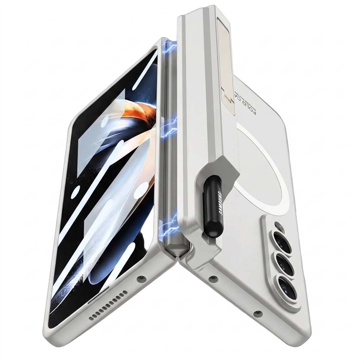 Sync M1 Galaxy Z Fold case in Silver, half open with S-Pen removed from the spine holder